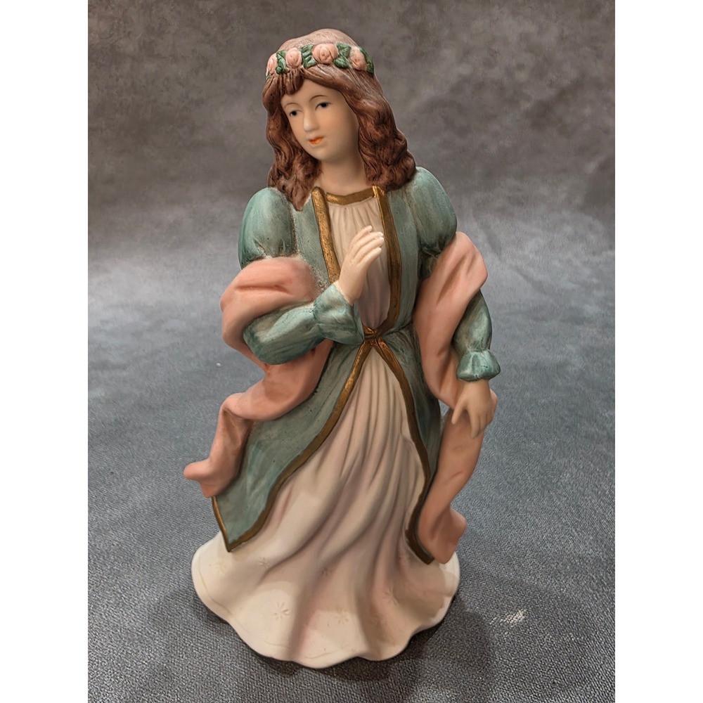 Homco 1486 Vintage Porcelain Figurine Woman in Teal Dress with Rose Crown 8"